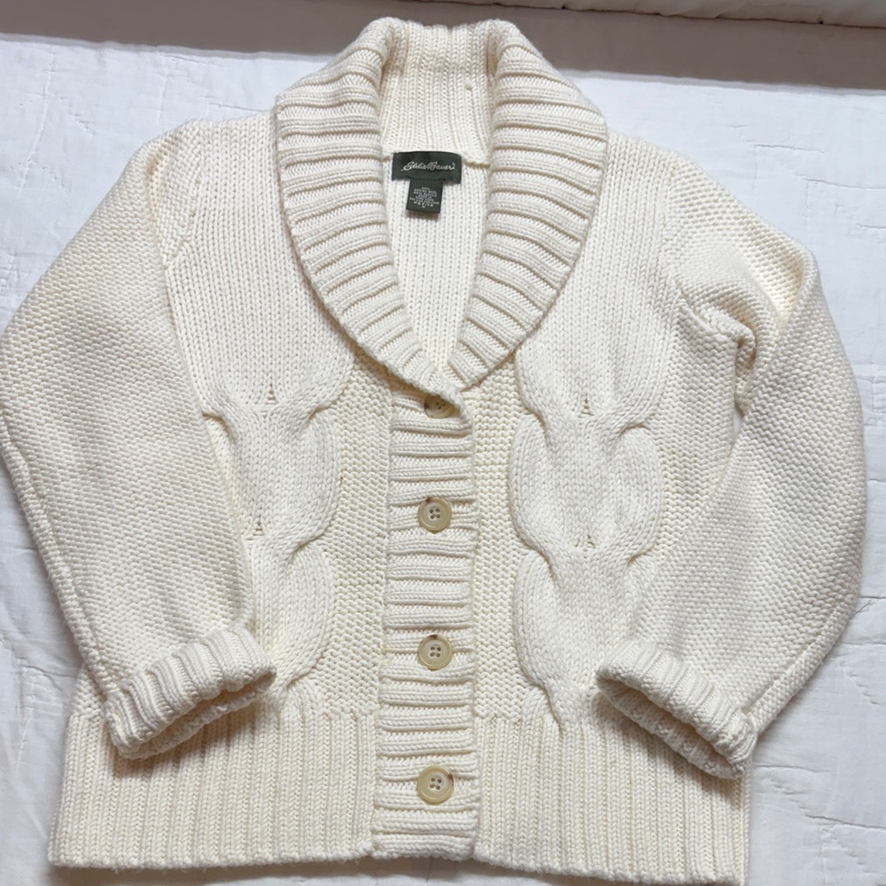 Eddie Bauer Cabincore Cable Knit Shawl Collar Cardigan Cream Button Up Sweater